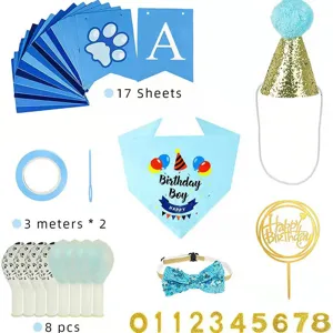 Kit complet de décoration d'anniversaire bleu pour chien avec bandana chapeau et bannière