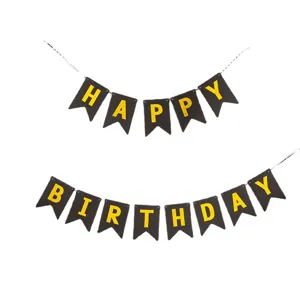 Black Happy Birthday banner with gold letters for party decoration and photo backdrop