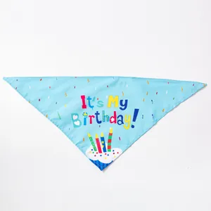 Blue pet birthday bandana with cute candle print for dog party celebration supply.
