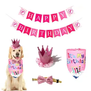 Pet Birthday Party Decoration Set Crown Hat Bowtie Bib Scarf Happy Birthday Banner Dog Cat Celebration Supplies