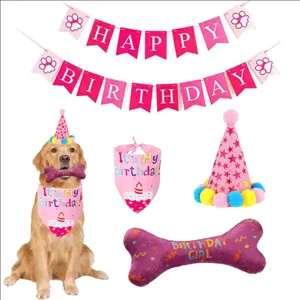 Pet Birthday Party Decoration Set Cute Dog Birthday Hat Bandana Banner Bone Toy Cotton Polyester Party Supplies
