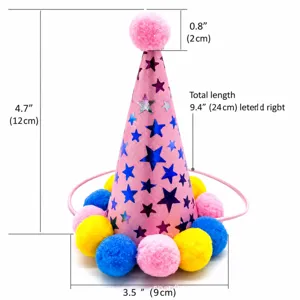 Cute pink pet birthday party hat with colorful pom-poms and stars, perfect for cats and dogs.