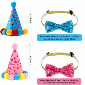 Pet birthday party hat and sequin bow tie set, adjustable size for cats and dogs.