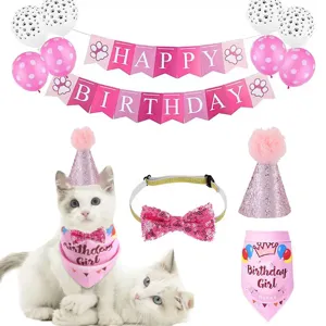 Pet Birthday Party Decoration Set Cute Dog Cat Birthday Hat Bib Banner Balloons Pet Party Supplies