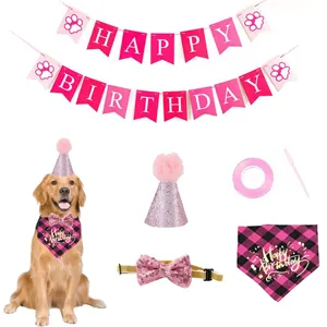 Pet Birthday Party Supplies Dog Cat Bib Hat Bowtie Banner Set Cute Plaid Saliva Towel Pet Accessories