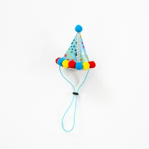 Cute pet birthday cone hat with colorful pom poms and stars for dog cat party celebration.