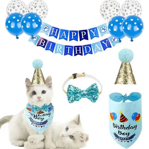Pet birthday party decoration set with balloons banner hats bow tie and cute bandana for cats dogs
