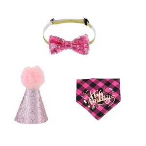 Detailed view of pet birthday party set including sequin bow tie, pink hat, and plaid bandana.