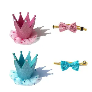 Close-up details of pet birthday crown and sparkling bow set, perfect for party decoration.
