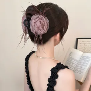Chic organza rose hair claw clip for women, sweet floral shark clip for elegant updos.