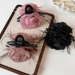 Elegant Organza Rose Flower Claw Clip with Feather Korean Sweet Mesh Hair Jaw Clip Sweet Large Hair Accessories for Women Girls