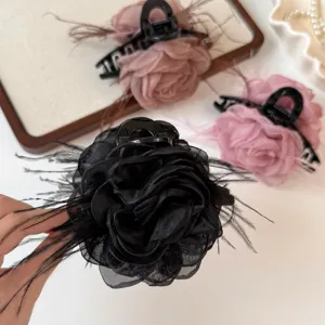 Elegant organza rose flower hair claw clip with feather detail soft style hair accessory
