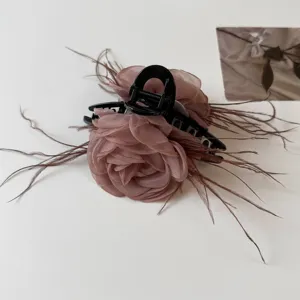 Organza Rose Flower Hair Claw Clip Elegant Feather Hair Accessories for Women Daily Styling