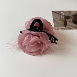 Pink organza rose hair claw clip with feathers, elegant Korean style hair accessory.