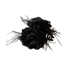 Black organza rose flower hair claw clip with feathers, sweet Korean hair accessories styling.