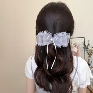 Elegant Lace Bow Mesh Hair Clip For Women With Artificial Pearl Large Ribbon Shark Claw Banana Spring Clip Sweet Hairstyle Decor