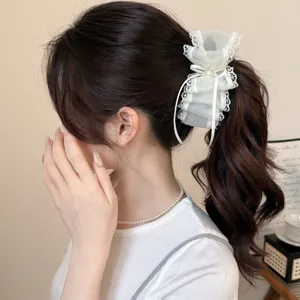 White mesh bow hair claw clip elegant lace ponytail holder sweet hair accessories for women
