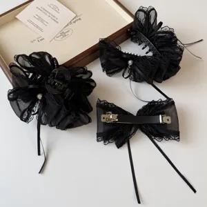 Black lace mesh bow hair claw and clip set, elegant vintage hair accessories for women.