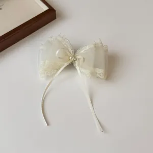 Elegant white mesh lace bow hair clip with pearl detail, exquisite hairpin for women and girls.