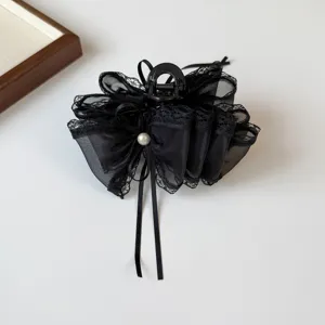 Elegant black mesh bow hair claw clip with delicate lace and pearl decoration for daily wear