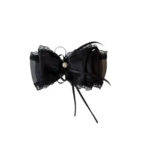 Black lace mesh bow hair clip elegant pearl hair accessory for women back head styling clip