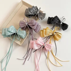 Double Ribbon Bow Banana Clip Sweet Mesh Rhinestone Hairpin Korean Style Ponytail Princess Vertical Clip Hair Accessory