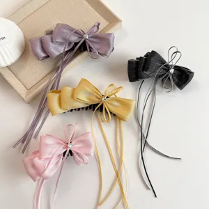 Korean sweet double bow ribbon banana hair clip elegant ponytail claw hairpin headwear