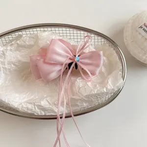 Korean sweet pink satin bow hair claw clip with long ribbons and crystal for women and girls.