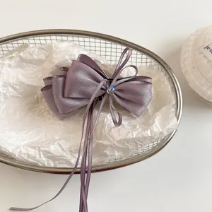 Korean sweet purple satin bow ribbon hair clip, elegant ponytail banana clip for women.