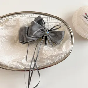 Korean style high-end double bow ribbon hair clip grey satin banana clip elegant hair accessory