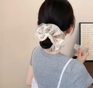 Korean style floral lace hair scrunchie, elegant vintage hair tie for women and girls daily use.