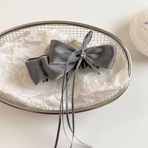 Korean sweet grey satin bow streamer hair claw clip elegant diamond hair accessory for women
