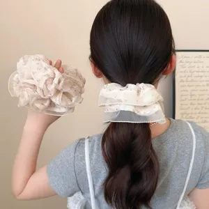 Korean style floral lace hair scrunchie shown from back view on ponytail hairstyle.