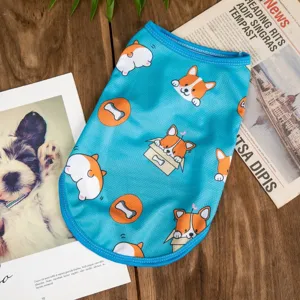 Cute summer pet vest for dogs and cats, breathable blue fabric with lovely corgi print.