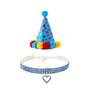 Close-up detail showing the blue star birthday hat and crystal heart collar for pets