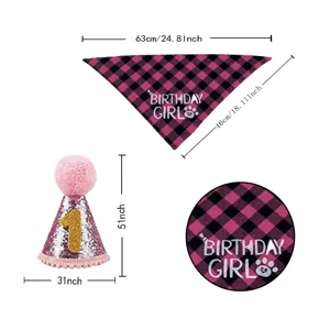 Detailed dimension guide for pink plaid pet birthday bandana and sequin hat set.