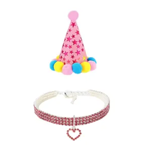 Pink pet birthday party hat with stars and matching heart rhinestone collar for small dogs