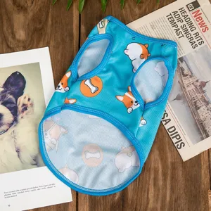 Summer thin breathable mesh pet dog vest with cute Corgi print, perfect for small dogs and cats.