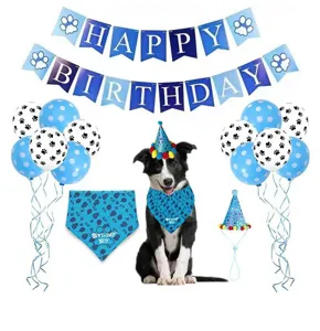 Pet birthday party decoration set featuring blue banner, balloons, bandana and cute hat.