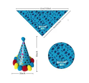 Pet birthday party supply detail showing blue bandana and conical hat dimensions clearly.