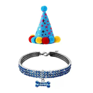 Blue pet birthday party set featuring a star pattern hat and rhinestone collar with bone charm