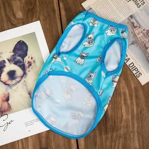 Summer breathable mesh pet dog vest with cute french bulldog print, cool sleeveless top.