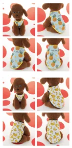 Detail shot of cute pet vest featuring playful pineapple and banana prints for small dogs.