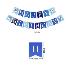 Blue pet birthday party banner detail showing dimensions, flag size and overall length clearly.