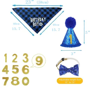 Pet birthday party set with bandana hat bowtie and numbers size measurements