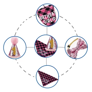 Detailed view of pink pet birthday set with plaid bandana, sequin party hat and bowtie.