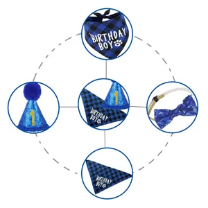 Detailed view of blue pet birthday set including hat, bandana and bowtie
