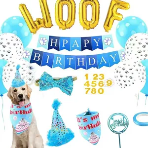 Complete blue dog birthday party decoration set with banner and hat