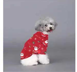 Red Christmas fleece pet hoodie detail with cute Santa Claus print for small dogs and cats.