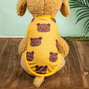 Detailed shot of a cute summer pet vest with adorable bear print on breathable mesh fabric.